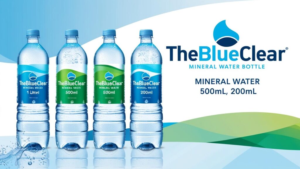 i want banner image for mineral water bottle brand named __ theblueclear_ which provide 1 ltr , 500ml and 200 ml water bottle