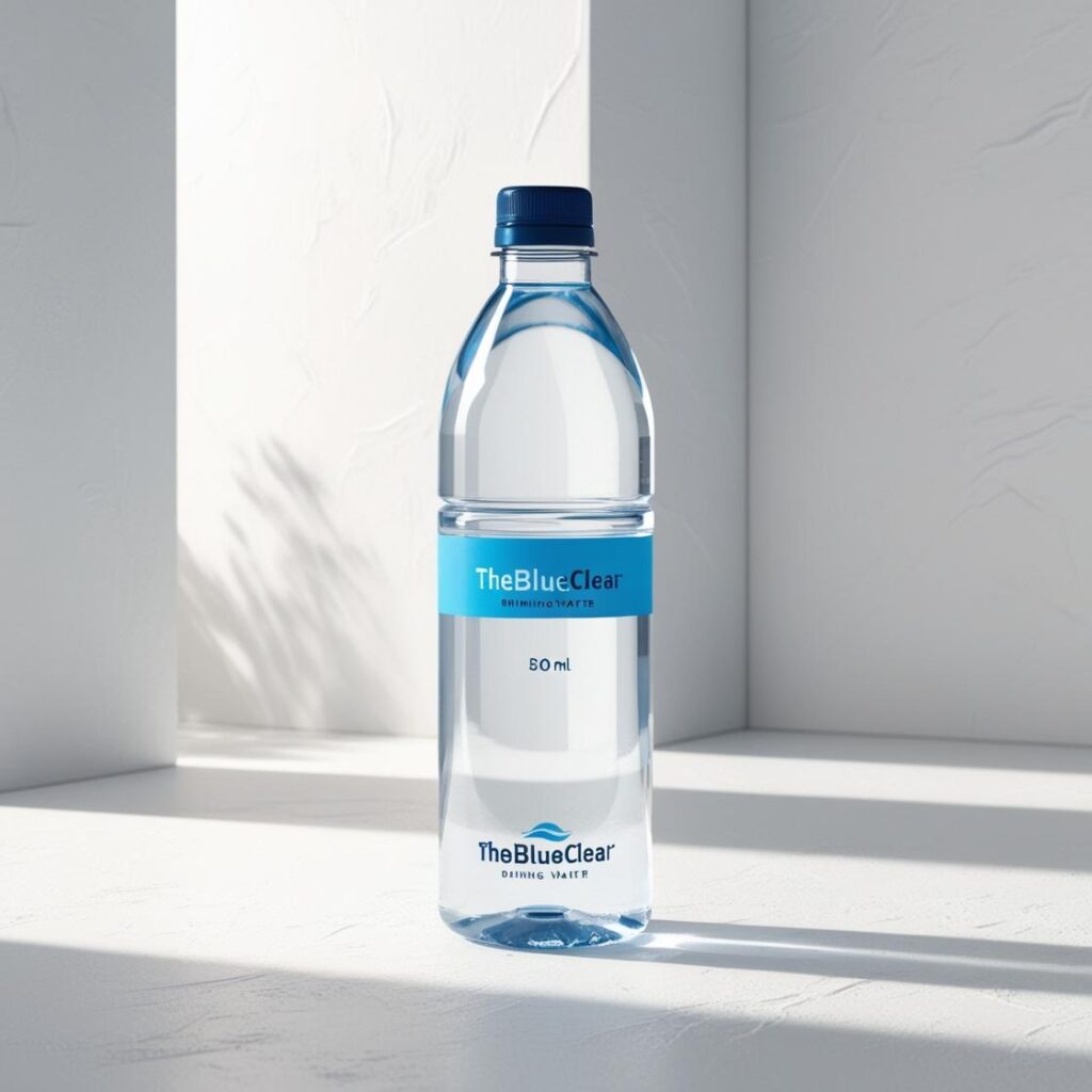 i want to create image for my packaged drinking water brand named _theblueclear_ . show bottle of 500ml .